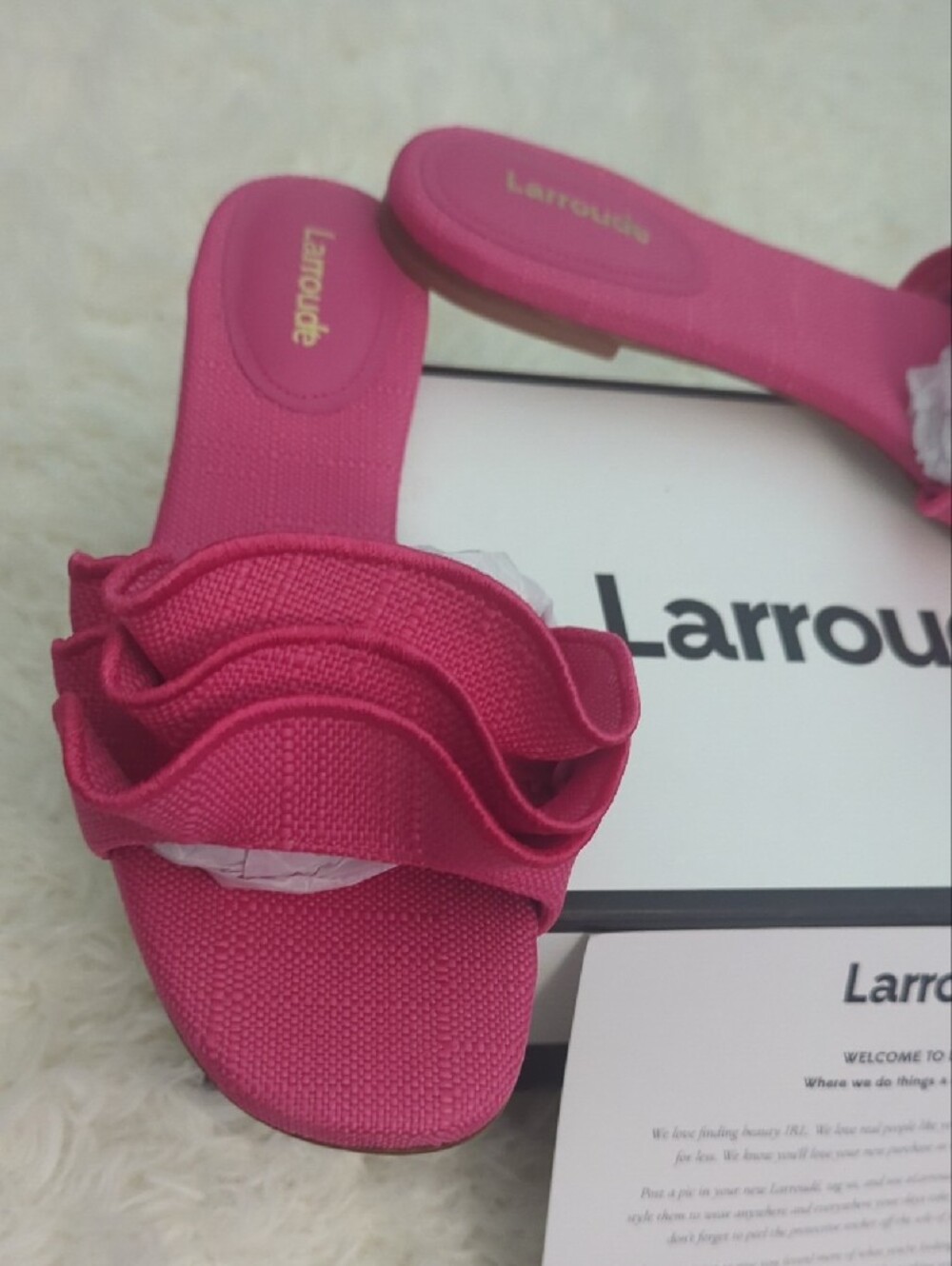Larroude Raffia Pink Ruffle Slide Mules W/Double Dust Bags For The Sandals